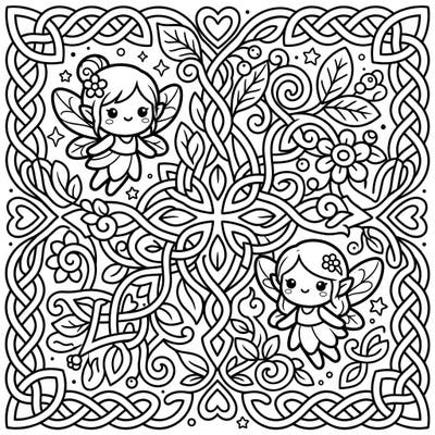 Discover a world where ancient Celtic knotwork meets adorable kawaii charm! This enchanting coloring page features sweet fairies nestled amidst intricate designs, perfect for a delightful creative escape.
