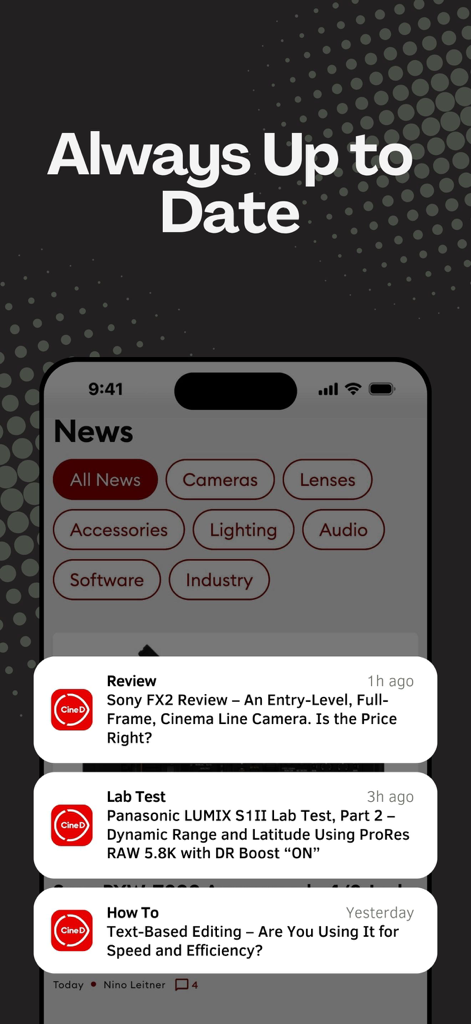 CineD app news section showing cinematography news categories and recent reviews for cameras and lenses