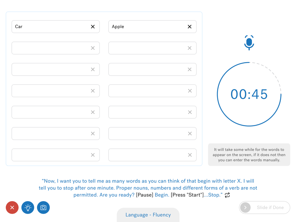 MoCA Duo - MoCA Duo verbal fluency assessment screen featuring speech to text word capture and a digital timer