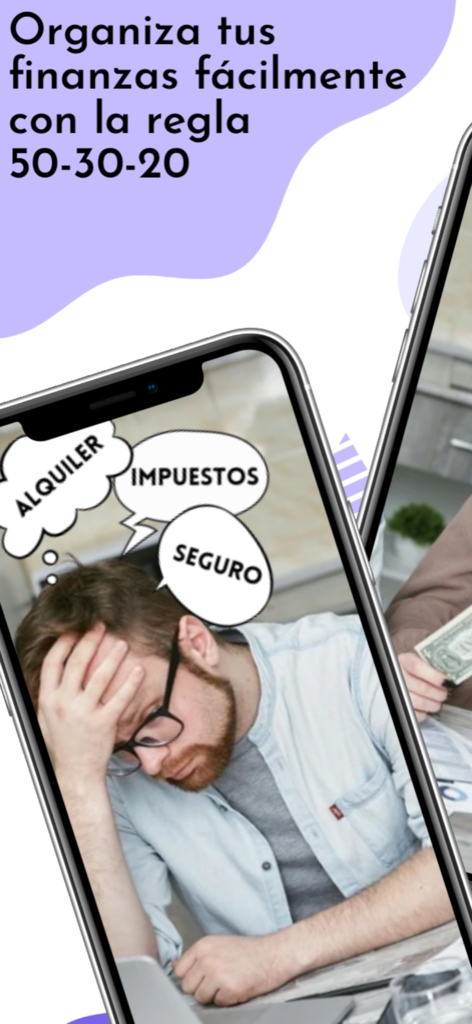 Family Finance 50/30/20 - Stressed man thinking about bills and taxes with a budgeting app interface using the 50-30-20 rule