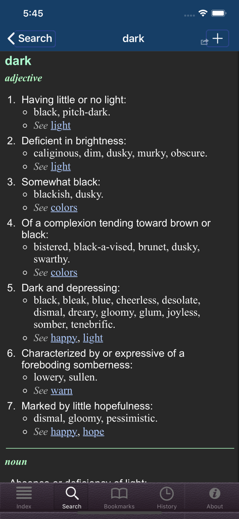 Roget's II: New Thesaurus - Word definition for dark in Rogets II New Thesaurus app showing synonyms and dark mode interface