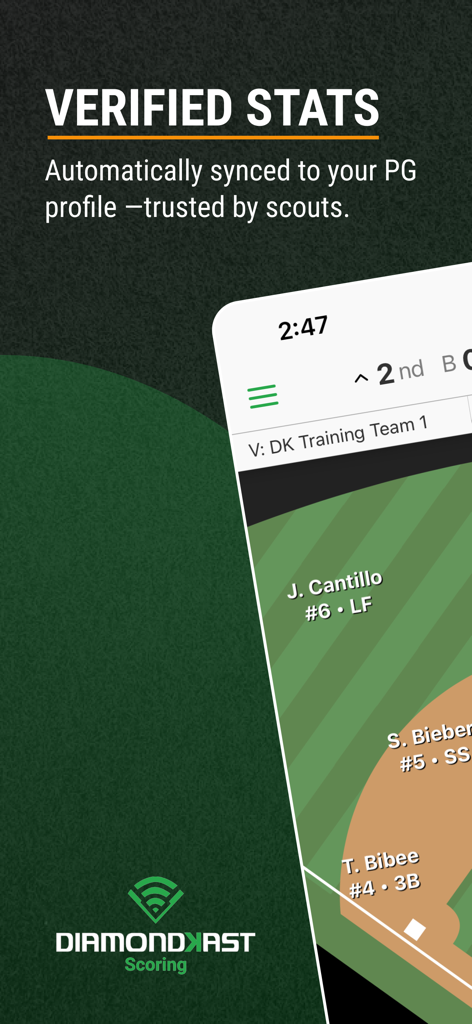 DiamondKast Scoring App - DiamondKast app interface showing verified baseball game stats for scouting