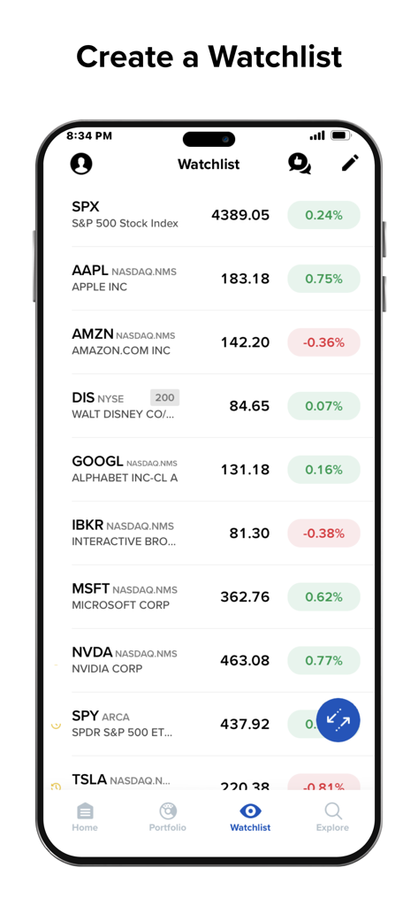 BlackBull Invest app watchlist showing stock market prices and daily performance