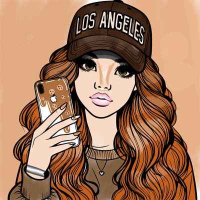 realistic beautiful girl wearing los ángeles cap holding an iphone