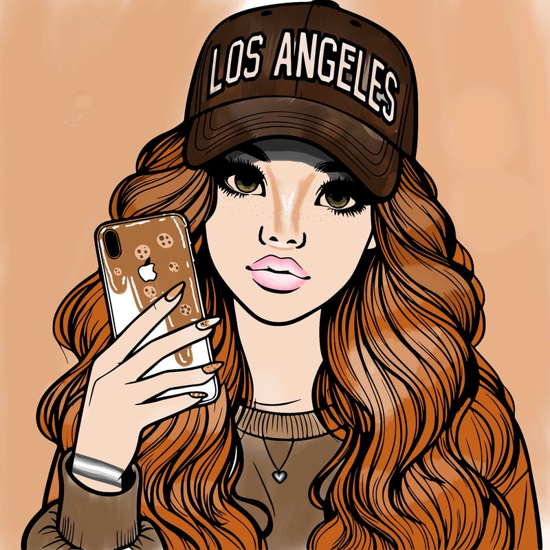realistic beautiful girl wearing los ángeles cap holding an iphone
