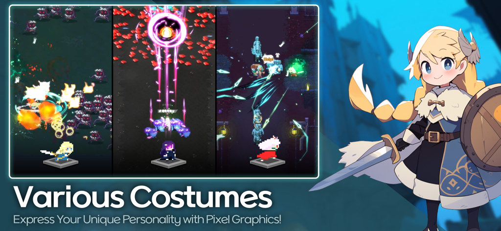 Pixel Hunter Idle: Retro RPG - Gameplay screenshot of Pixel Hunter Idle showing different character costumes and retro pixel art combat