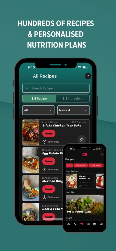 Courtney Black Fitness - Courtney Black Fitness app showing recipe search and personalized nutrition plans on mobile screens