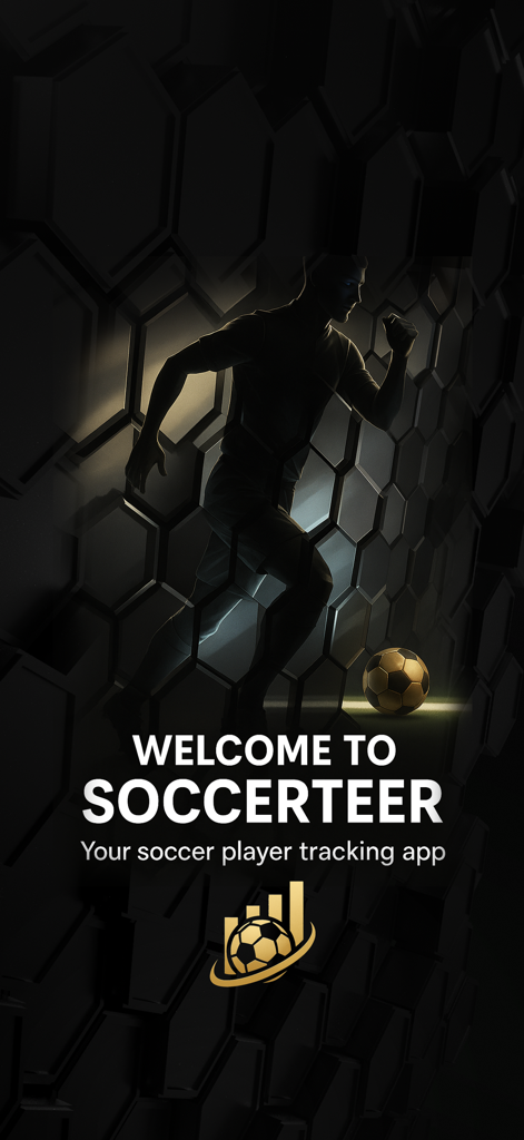 Soccerteer Pro - Pantalla de bienvenida de la aplicación Soccerteer Pro que muestra la silueta de un jugador de fútbol y las funciones de seguimiento.