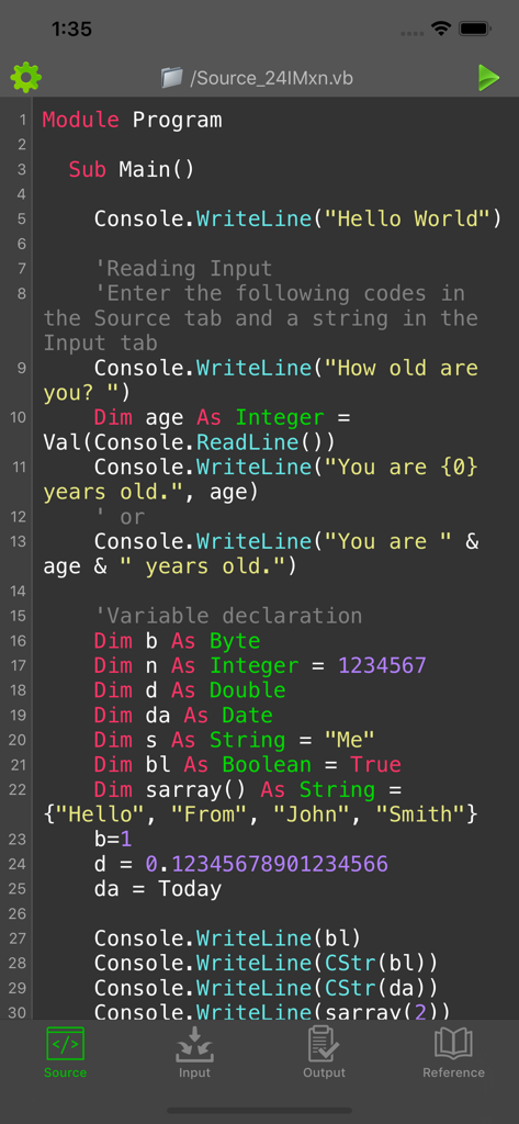 Interfaccia mobile del compilatore Visual Basic che mostra codice VB.NET ed evidenziazione della sintassi