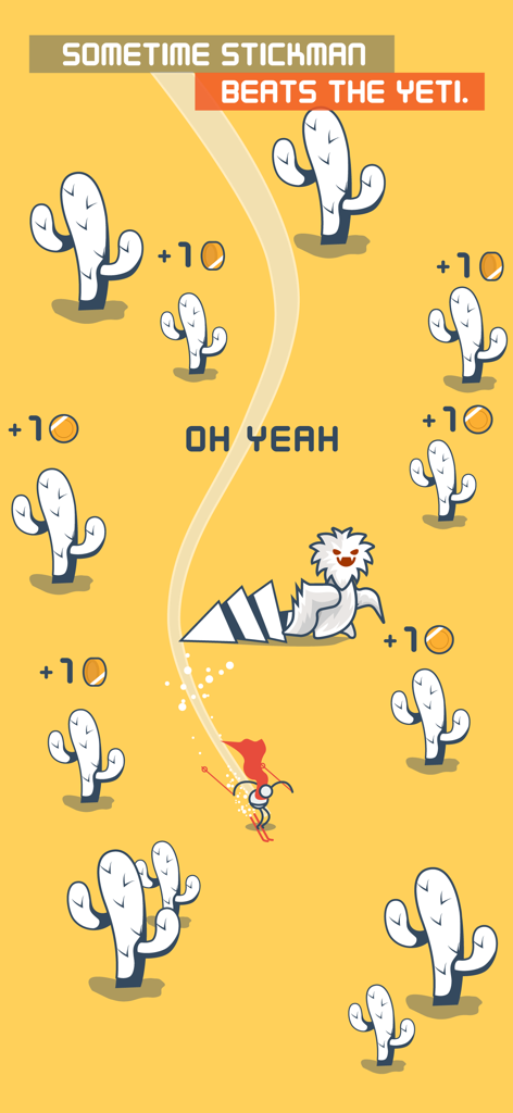 Yeti Ski: winter sport 4 watch - Ein Strichmännchen fährt auf einem Hindernisparcours durch eine Wüste, während es von einem Yeti-Monster im Yeti Ski-Handyspiel gejagt wird.