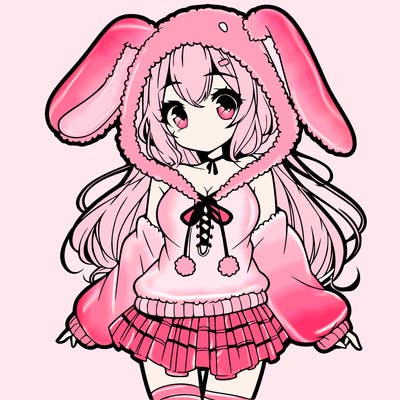 pretty anime girl wearing a fluffy hoodie with bunny ears on the hood and a skirt