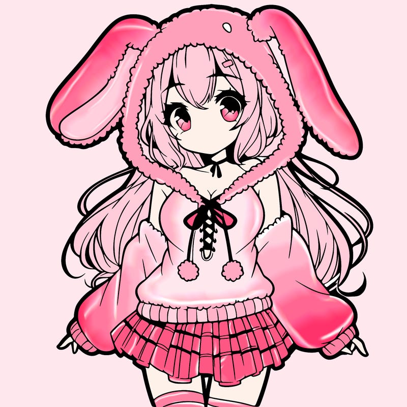 pretty anime girl wearing a fluffy hoodie with bunny ears on the hood and a skirt