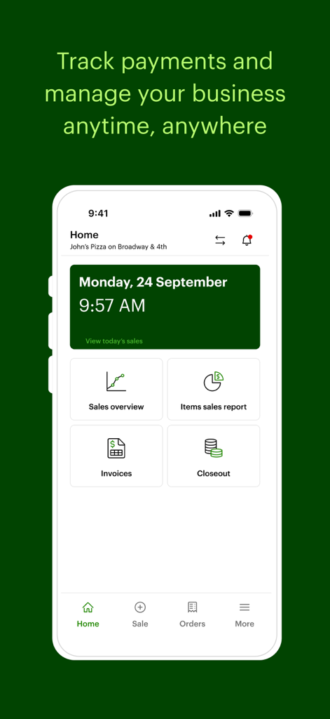 Clover Go - Dashboard & POS - Schermata principale dell'app mobile Clover Go con strumenti di gestione aziendale