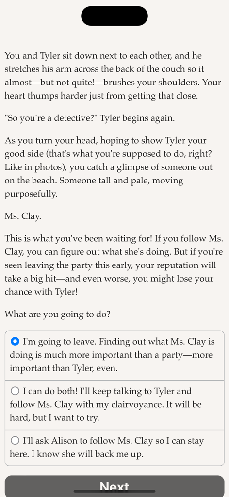 Text-based interface of Psy High showing a story segment and three interactive choice options.