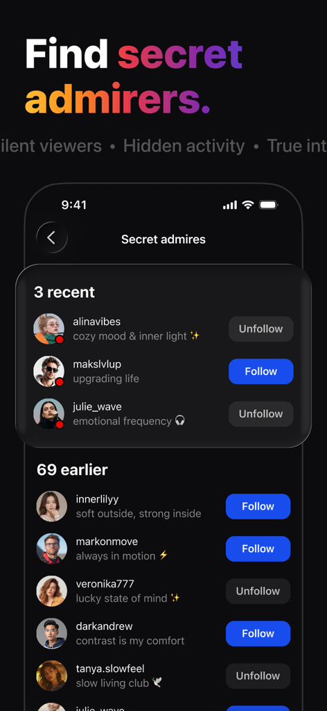 Followers & Unfollowers + - Interface do aplicativo móvel exibindo uma lista de admiradores secretos que visualizaram recentemente um perfil de mídia social
