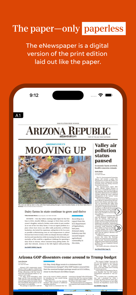 azcentral - The azcentral app displaying a digital replica of the Arizona Republic print newspaper on a smartphone screen.