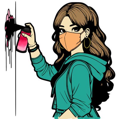 realistic girl with mask spray painting a wall