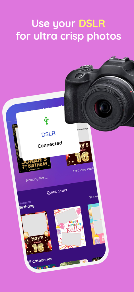 Mini Photobooth app interface showing DSLR camera connection for high quality event photos