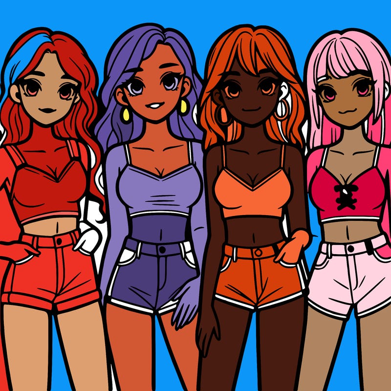 a group of girls wearing crop tops and shorts