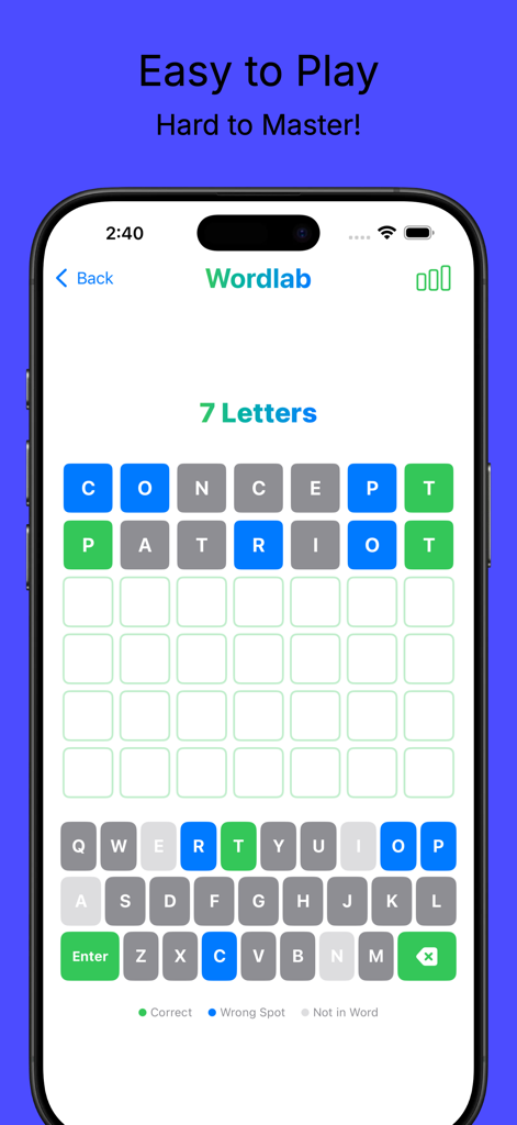 Wordlab Word Game - Smartphone screen showing Wordlab Word Game gameplay with a 7 letter word challenge and color coded letter feedback