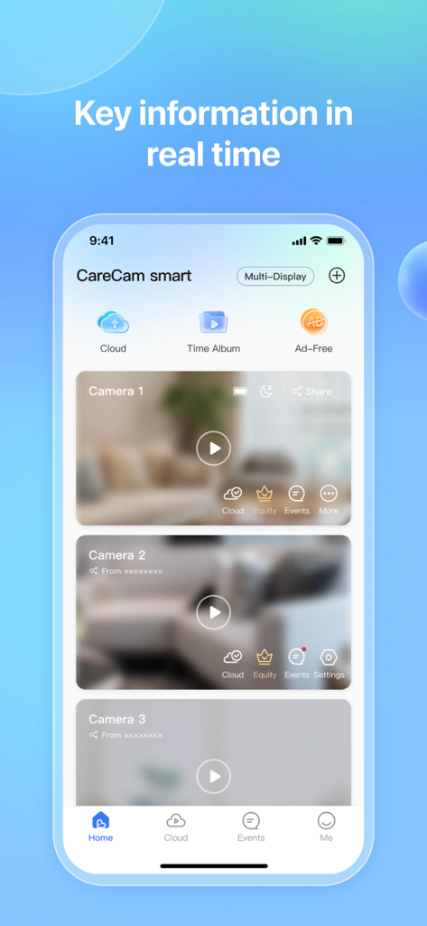 CareCam Pro - Panel de la aplicación móvil CareCam Pro que muestra transmisiones de vídeo de cámaras inteligentes en tiempo real.