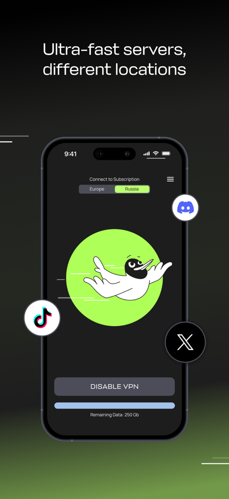 Paper VPN - Paper VPN app interface showing server location selection for Europe and Russia with a data usage tracker
