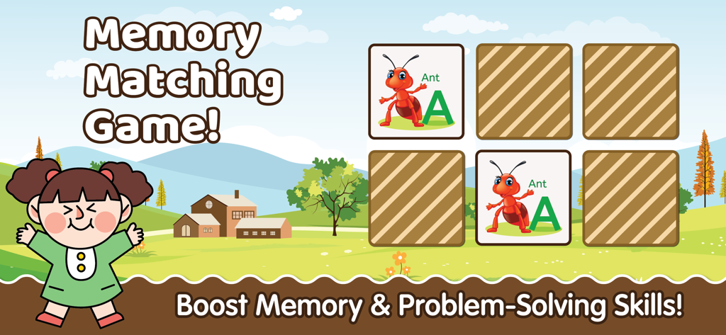 ABC Alphabet Flash Cards Games - Educational memory matching game for kids featuring alphabet flashcards with an ant and the letter A.