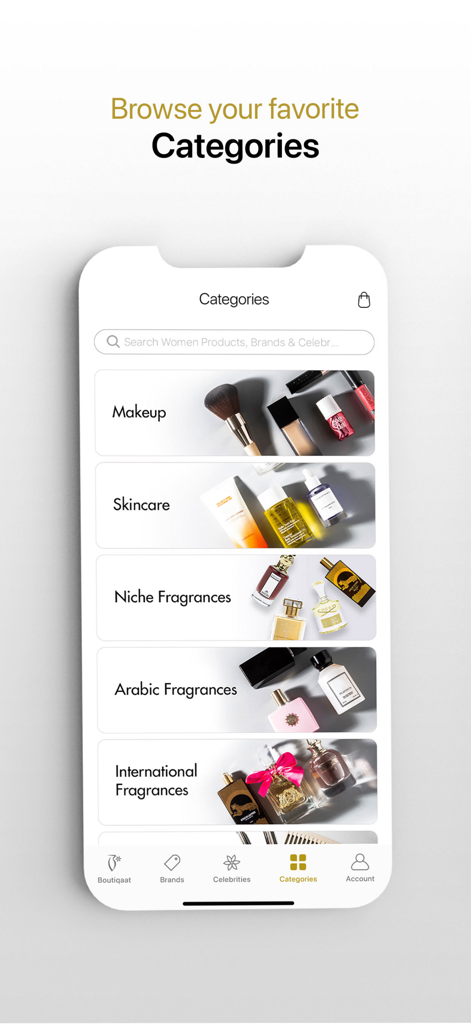 Boutiqaat app interface showing product categories including makeup skincare and niche Arabic fragrances