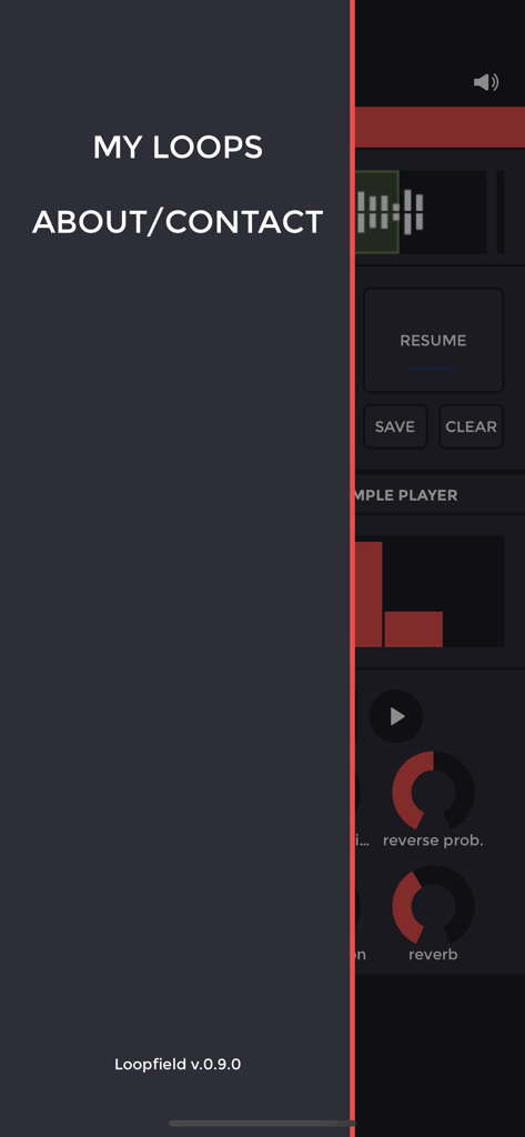 Loopfield : field recorder - Sidebar menu of the Loopfield field recorder app showing navigation options for my loops and contact information
