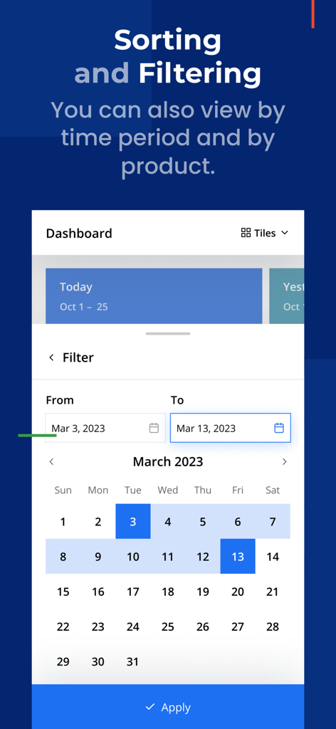 Oberfläche der sellerboard-App, die Sortier- und Filteroptionen mit einem Kalender-Datumsselektor anzeigt.