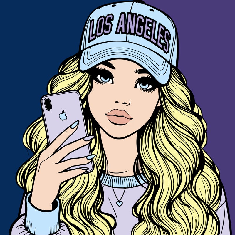 realistic beautiful girl wearing los ángeles cap holding an iphone