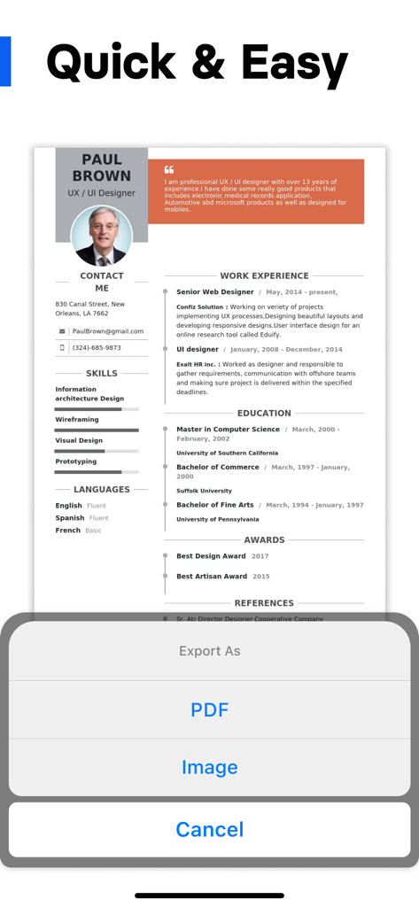 Mobile app interface showing a professional CV template with options to export as PDF or Image