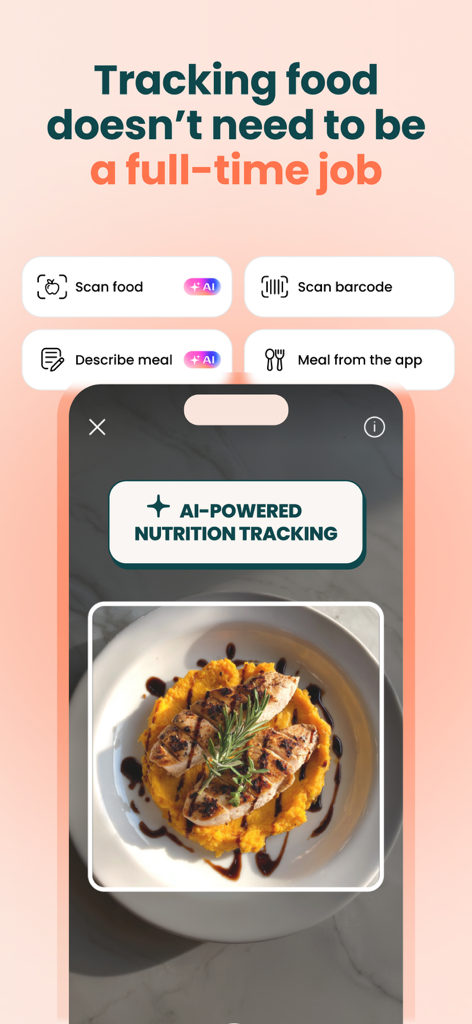 Raize app screen showing AI powered nutrition tracking and food scanning for a healthy meal