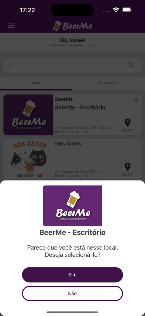BeerMe - BeerMe app interface showing a location confirmation pop up for a self service taproom