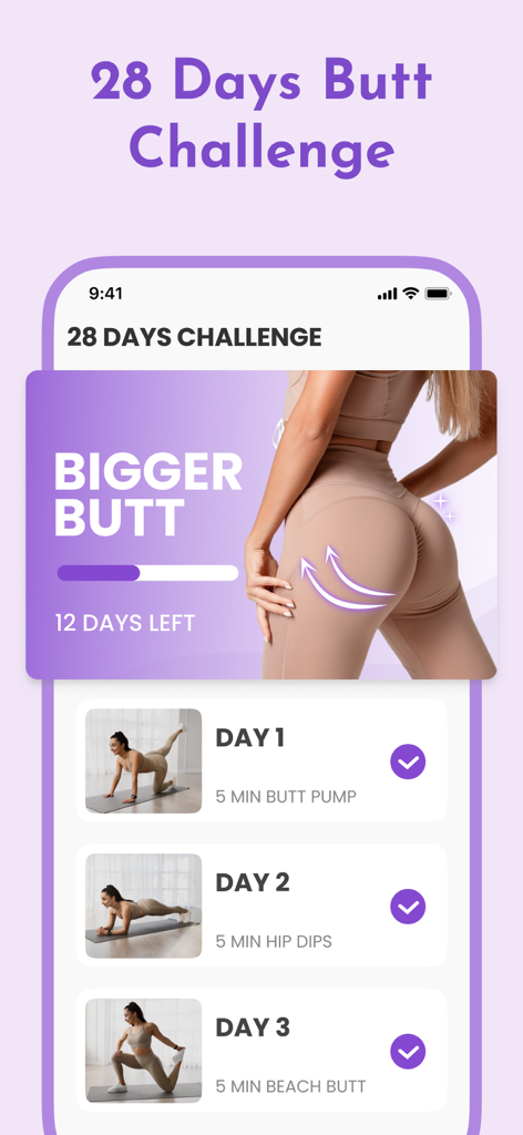 Butt Workout: Fitness at Home - Interface de l'application Butt Workout présentant un défi de 28 jours et des exercices quotidiens pour les fessiers