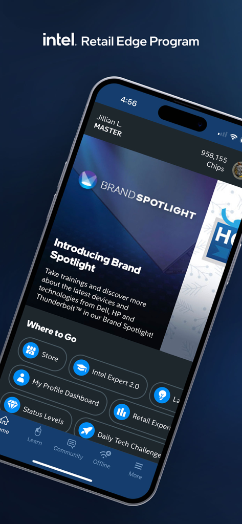 Tela inicial do aplicativo Intel Retail Edge Program mostrando o progresso do usuário e opções de treinamento