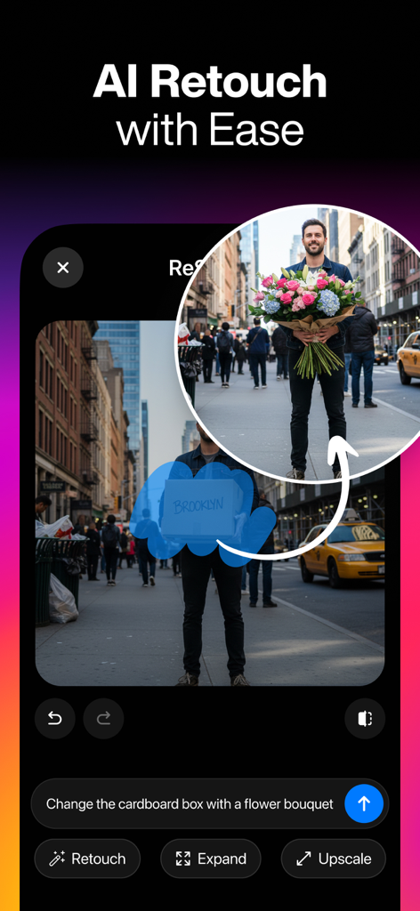 Función de retoque IA de ReShoot reemplazando una caja de cartón por un ramo de flores