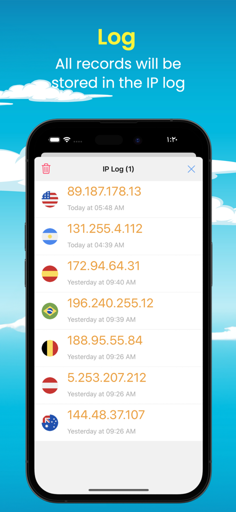 L'application Find My IP affiche un journal des adresses IP et des emplacements précédents