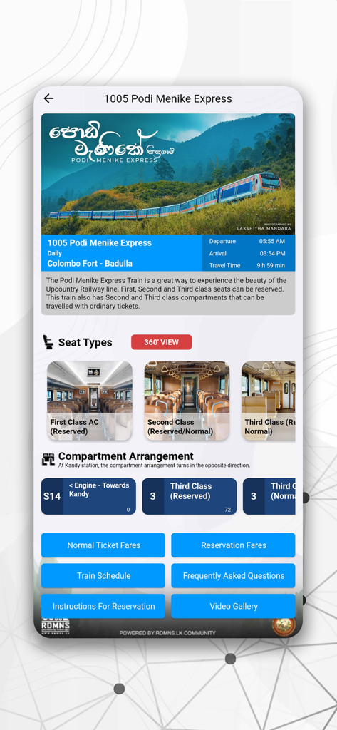 RDMNS.LK - Live Train Updates - The RDMNS.LK app screen displaying detailed information for the Podi Menike Express train including schedule, seat types, and compartment layout.