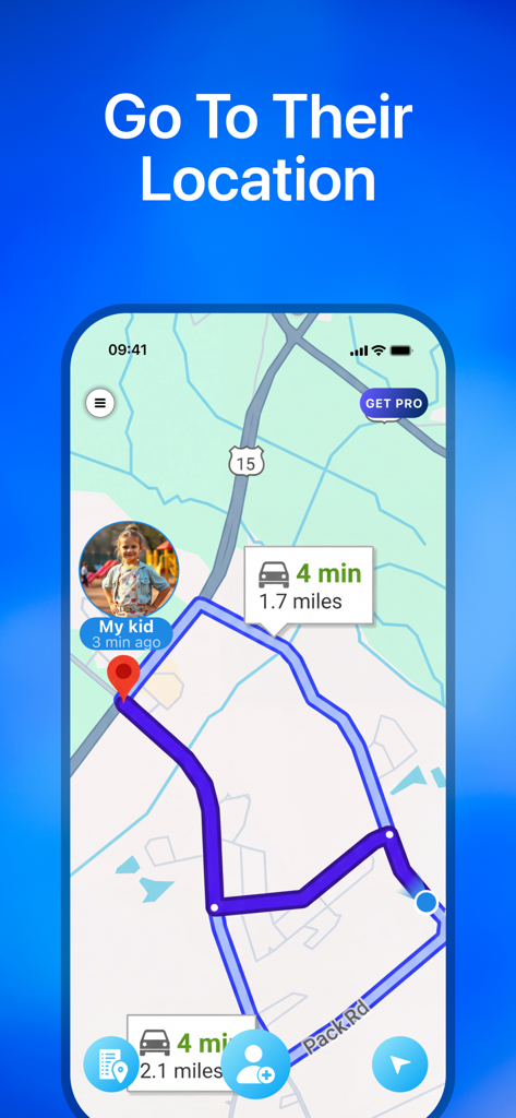Navegación en mapa GPS que muestra la ruta y el tiempo estimado de viaje a la ubicación de un niño en la aplicación Localizador.