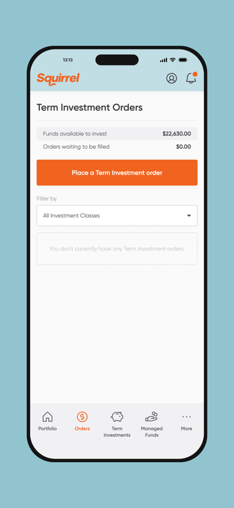 A mobile screen from the Squirrel Saving and Investing app showing the Term Investment Orders section with available funds for investment.