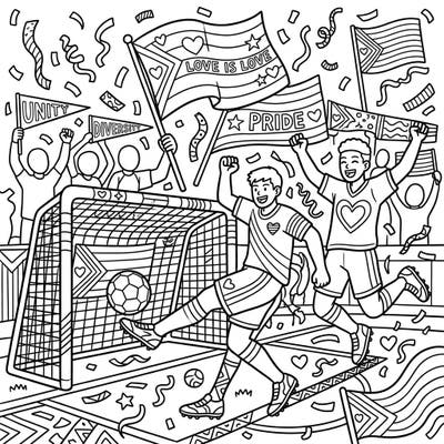 Dive into the excitement of a goal-scoring moment infused with the vibrant spirit of Pride Month. This engaging coloring page celebrates diversity, unity, and the thrill of soccer, inviting you to add your personal touch.