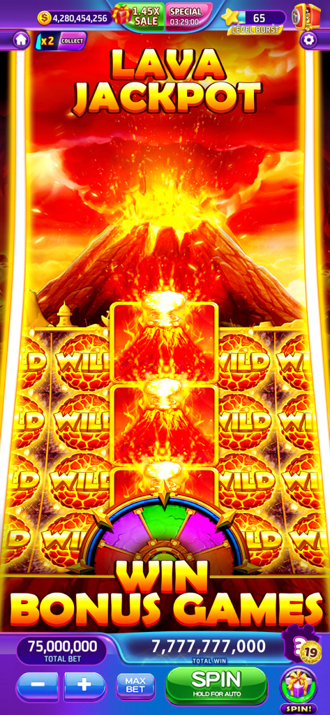 Lava Slots™- Casino Games - Una vibrante pantalla de máquina tragaperras temática de volcán en Lava Slots que muestra un enorme bote y un anuncio de juegos de bonificación