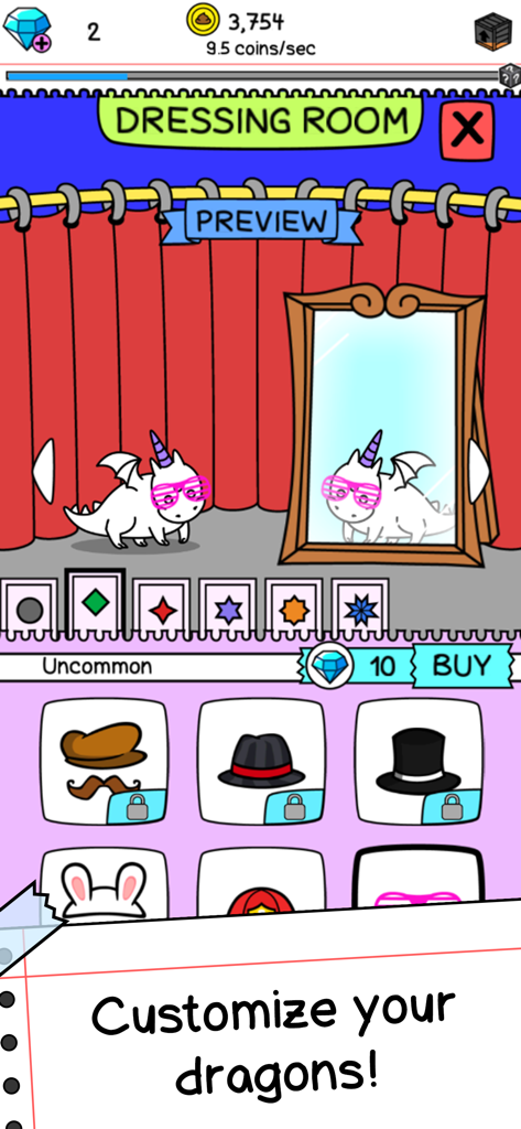 A white dragon wearing pink shutter shades in the dressing room customization screen.