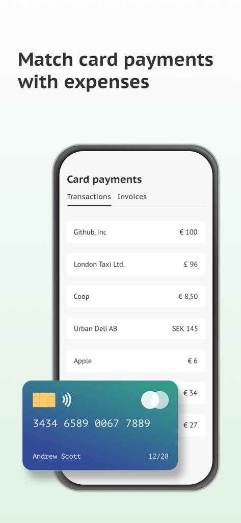 Schermata dell'app Skovik che abbina pagamenti con carta a spese
