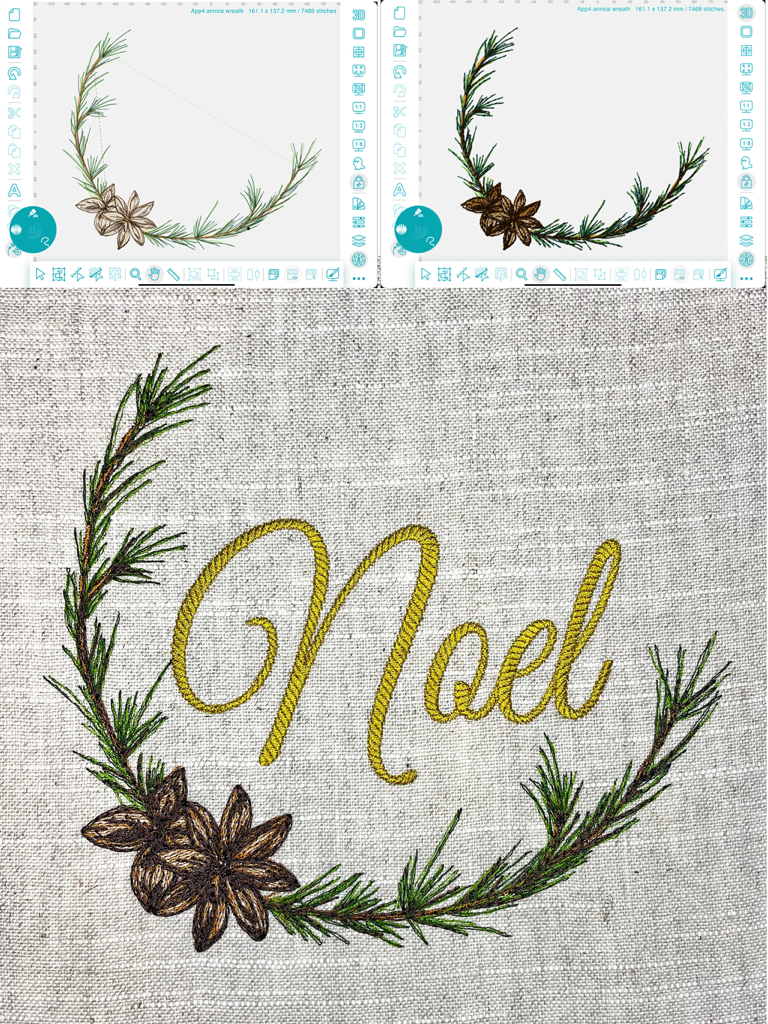 Embroidery Design Doodler - iPad interface of the Embroidery Design Doodler app showing a custom wreath design next to the finished embroidered Noel fabric.
