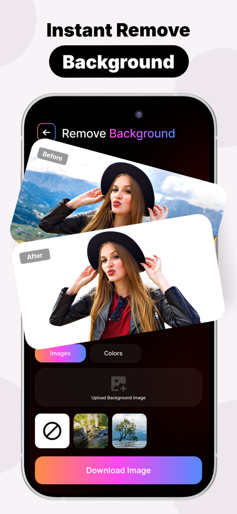 Interfaz de la herramienta de eliminación de fondos instantánea en la aplicación Haiper AI que muestra una comparación de fotos antes y después.