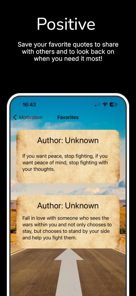 Quote of the Day: Daily Wisdom - 「今日の名言」アプリ内で保存されたお気に入りの感動的な引用のリストを表示するインターフェース。