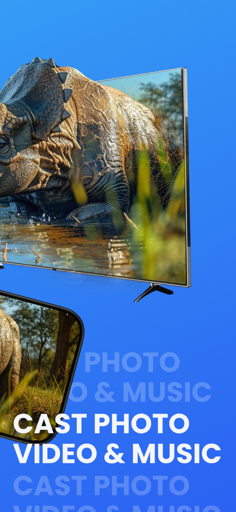 Screen Mirror-Cast to Smart TV - A smartphone casting a high quality photo of a dinosaur to a large smart TV screen wirelessly