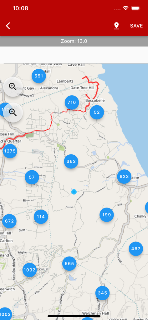 BLPC Connect - A map within the BLPC Connect app displaying clustered utility issue reports in Barbados
